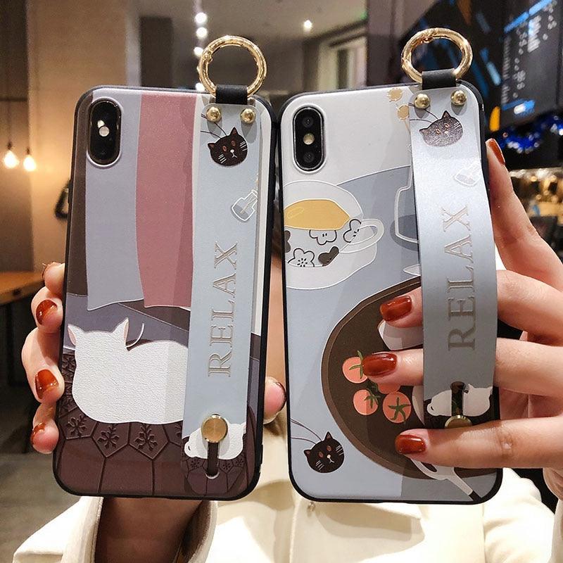 Cartoon Cat Wrist Strap Phone Case for iPhone