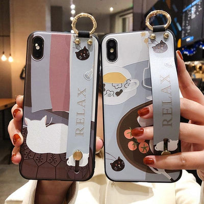 Cartoon Cat Wrist Strap Phone Case for iPhone