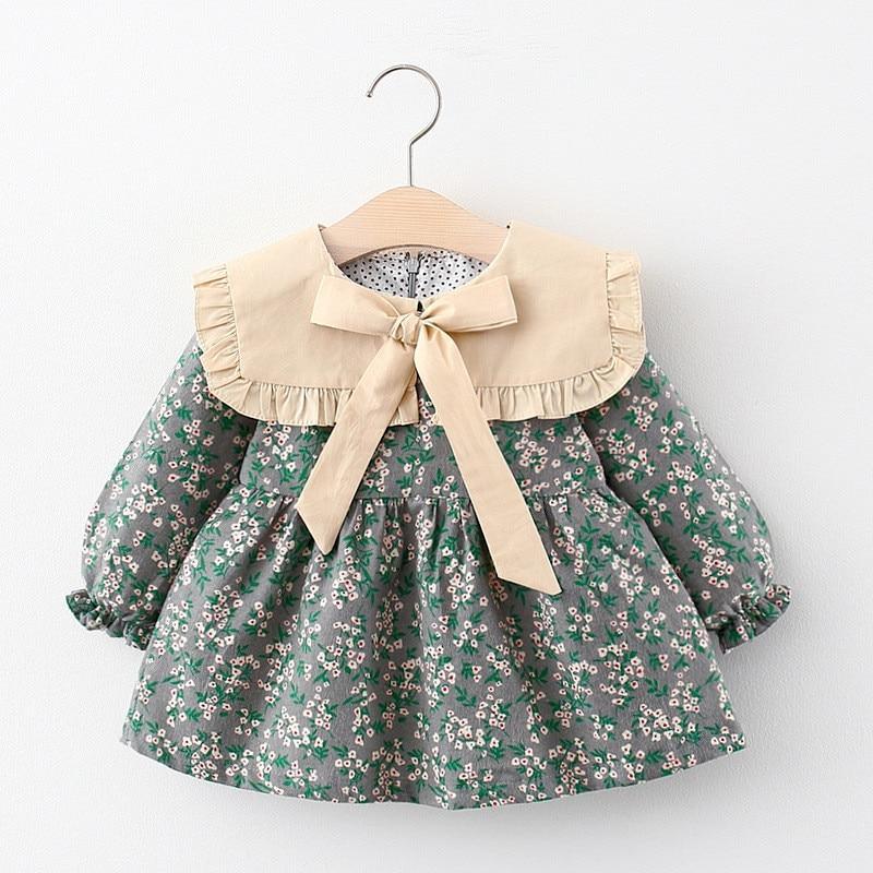 Vestido de Manga Larga con Cuello de Lazo para Niñas Pequeñas de Otoño