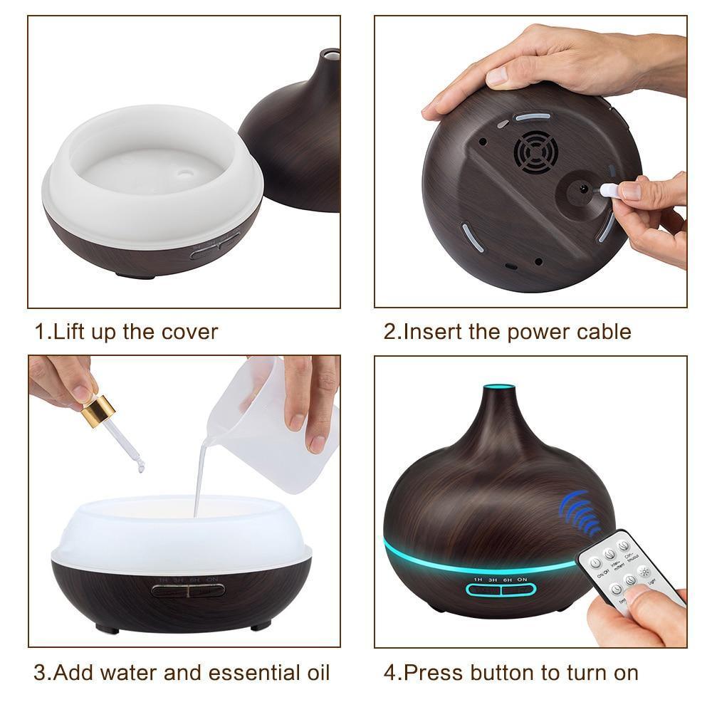 Humidificador de Aire Aroma de 550ml y Difusor de Aceites Esenciales - Grano de Madera