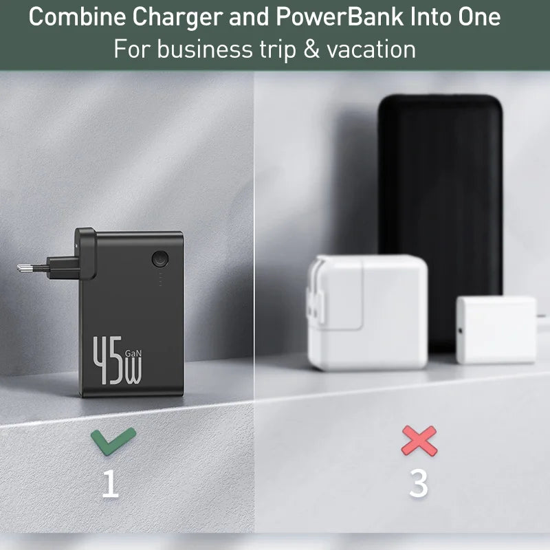 Baseus GaN Power Bank Charger 10000mAh 45W USB C PD Fast Charging 2 in 1 Charger & Battery as One ForiP 11 Pro Laptop ForXiaomi - Korvel