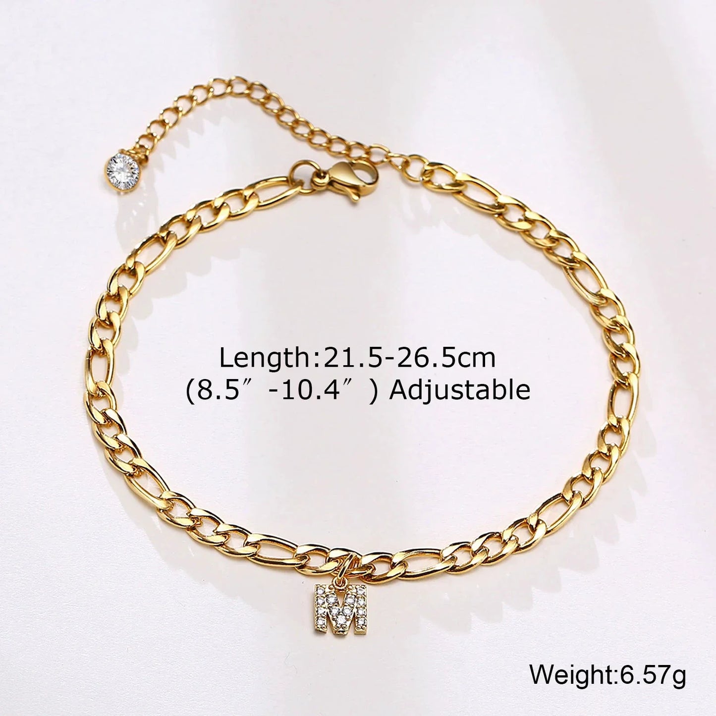 Pulsera de Tobillo Inicial A-Z de Cristal Mandotos para Mujeres - Eslabones Cubanos Dorados