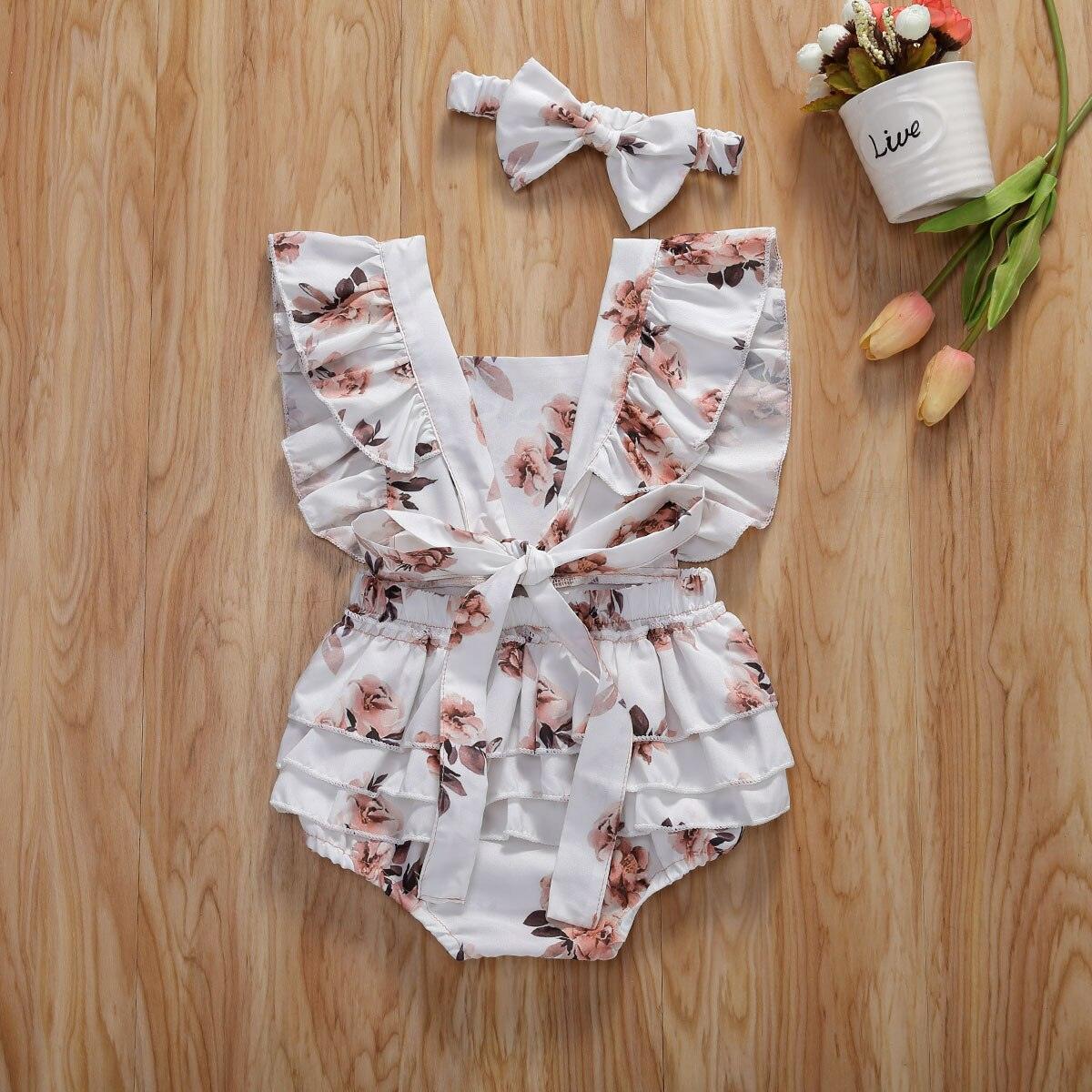 Combinaison à volants imprimée florale pour bébés filles avec bandeau