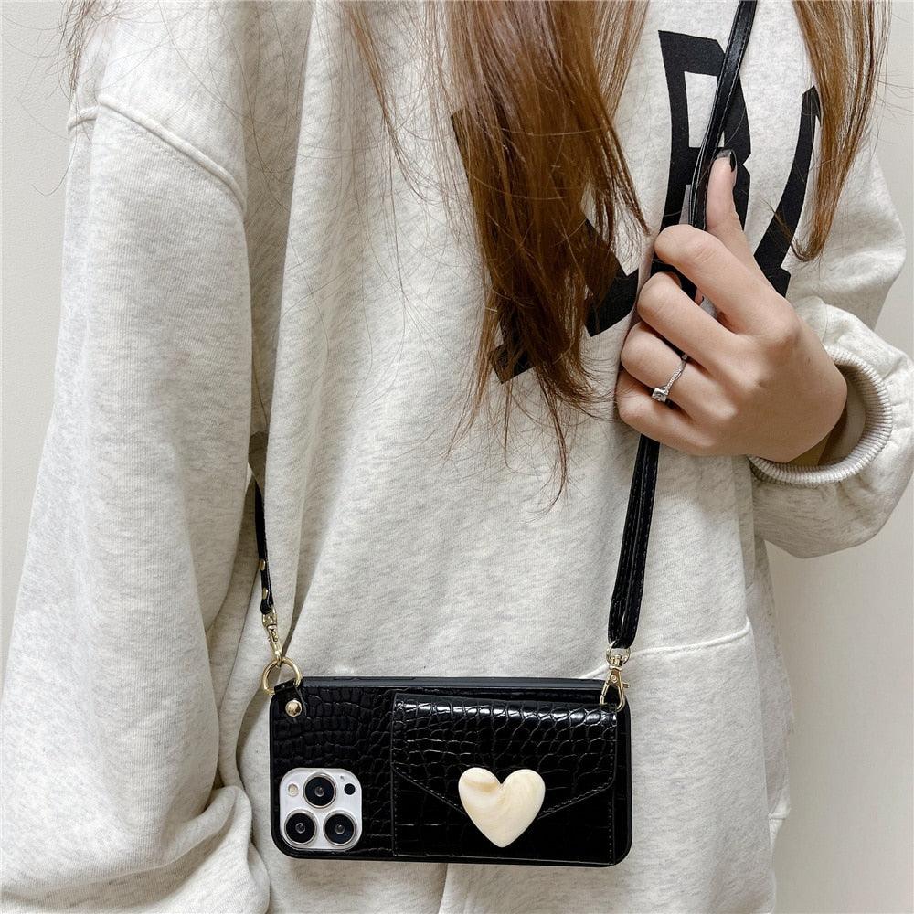 Luxury Love Black Lanyard Phone Case for iPhone