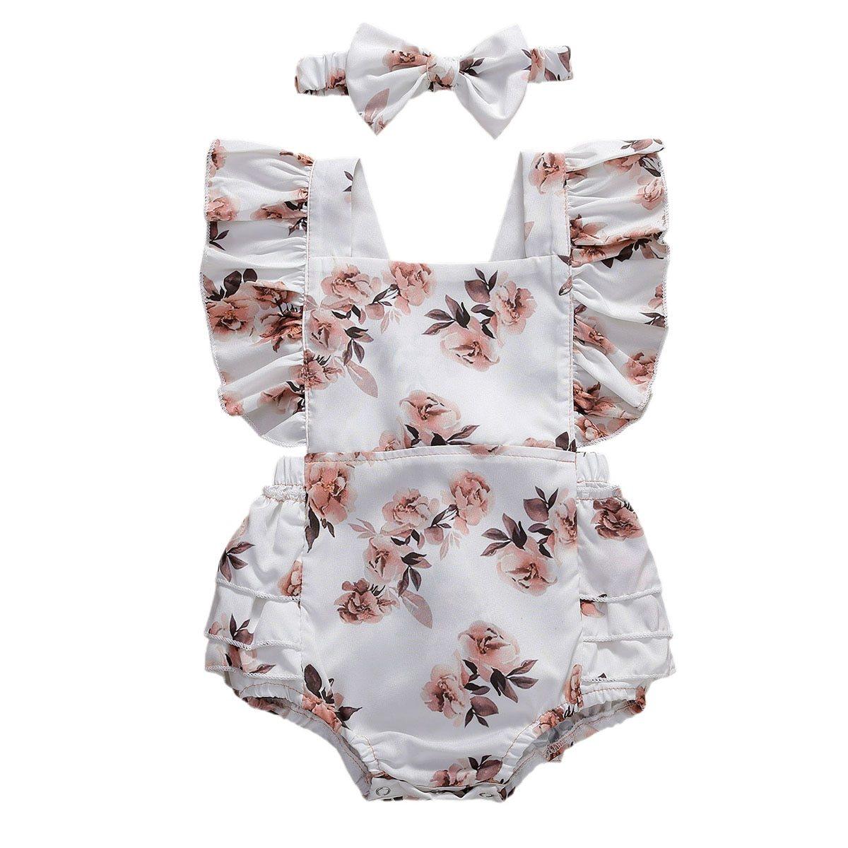 Combinaison à volants imprimée florale pour bébés filles avec bandeau