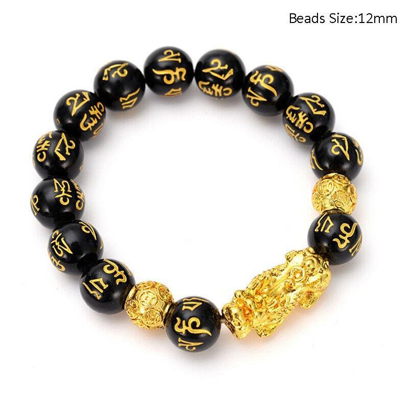 Obsidian Stone Beads Bracelet - Unisex Gold Black Pixiu Design