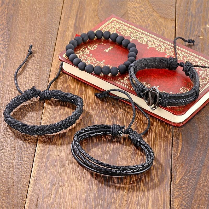 Vintage Black Bead Leather Bracelet for Men and Women