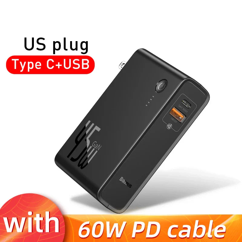 Baseus GaN Power Bank Charger 10000mAh 45W USB C PD Fast Charging 2 in 1 Charger & Battery as One ForiP 11 Pro Laptop ForXiaomi - Korvel