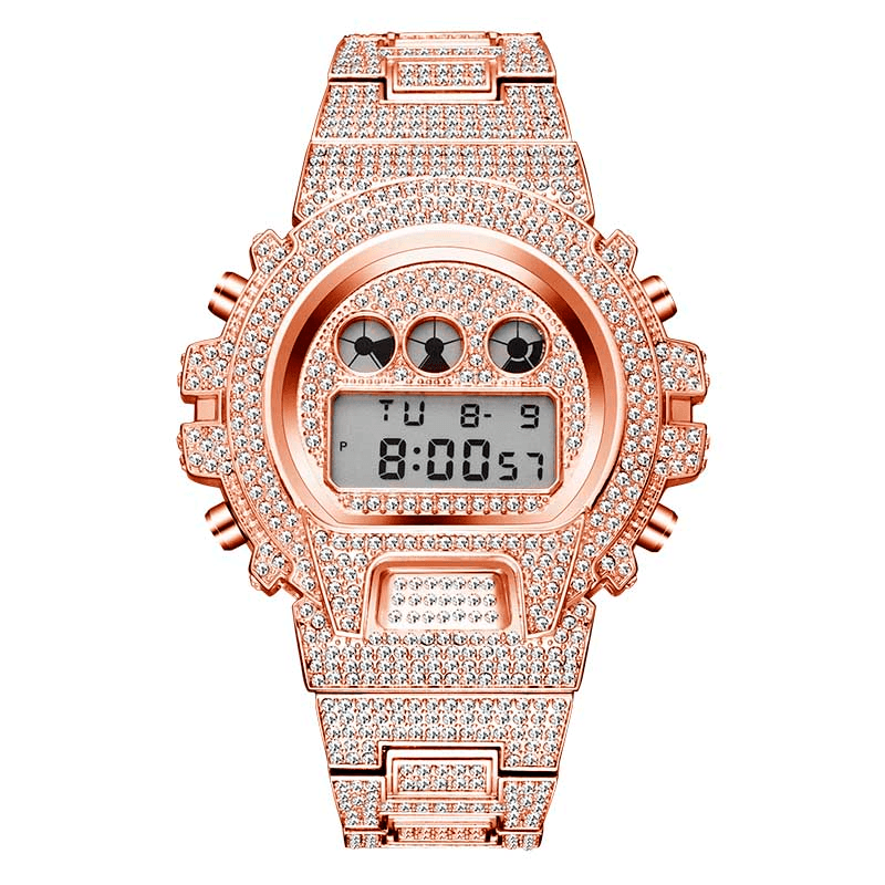 Montre numérique quartz LED dorée de luxe pour hommes