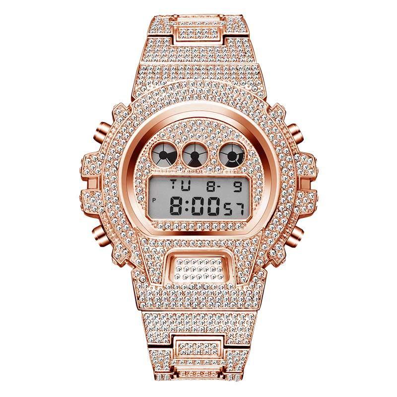 Montre numérique quartz LED dorée de luxe pour hommes