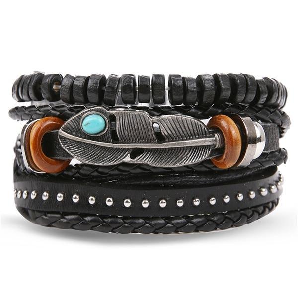 Vintage Black Bead Leather Bracelet for Men and Women