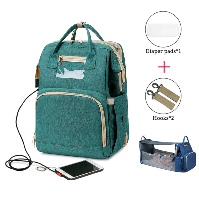 USB Diaper Bags Backpack Foldable Sunscreen Baby Bed Crib Bag Large Capacity Insulation Nursing Stroller Bag With Changing Mat - Korvel