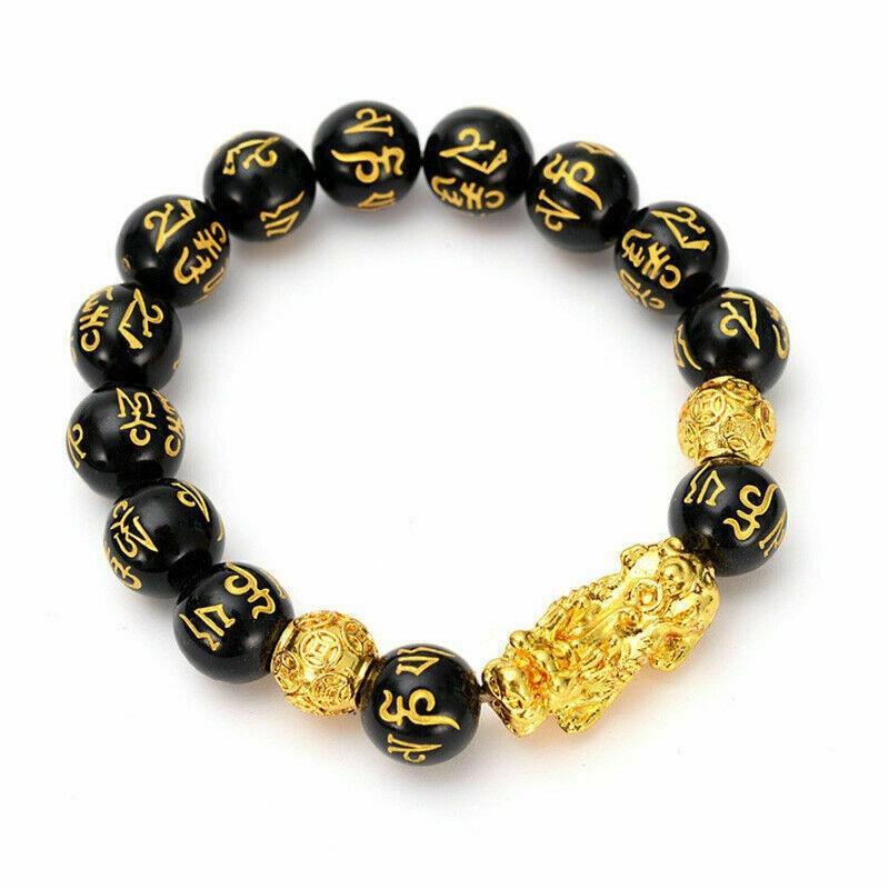 Obsidian Stone Beads Bracelet - Unisex Gold Black Pixiu Design