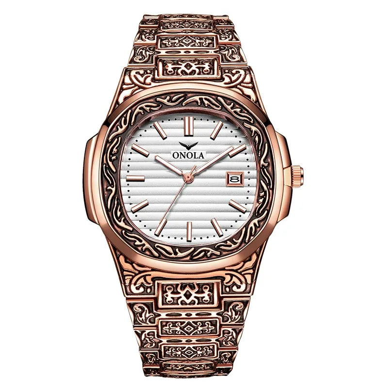 ONOLA Luxury Retro Golden Stainless Steel Watch for Men