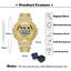 Montre numérique quartz LED dorée de luxe pour hommes