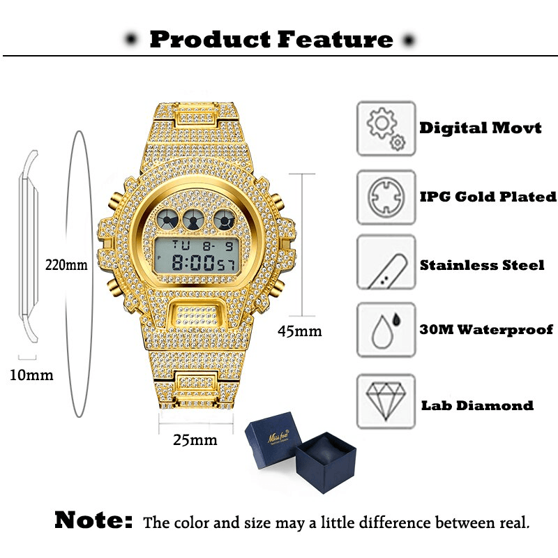 Montre numérique quartz LED dorée de luxe pour hommes