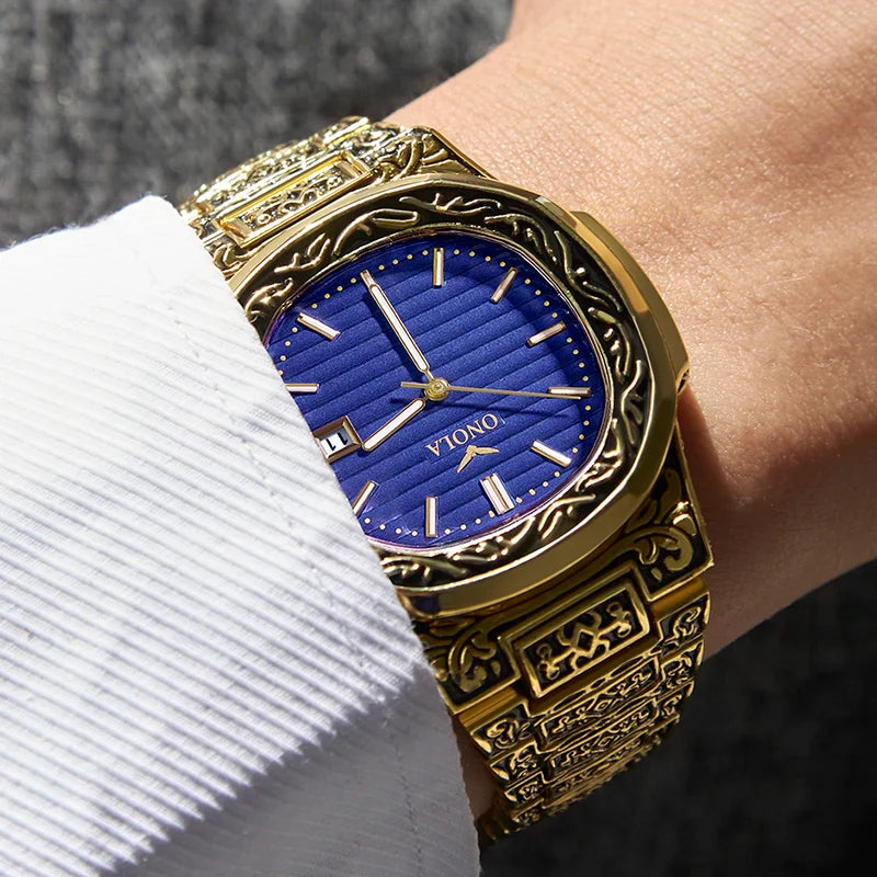 ONOLA Luxury Retro Golden Stainless Steel Watch for Men