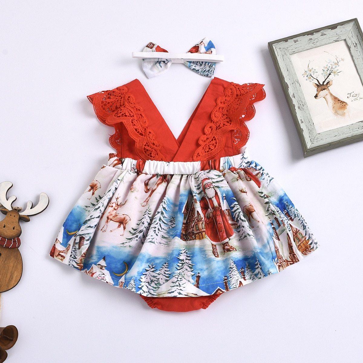 Conjunto de Vestido y Diadema para Niñas Bebés de Navidad