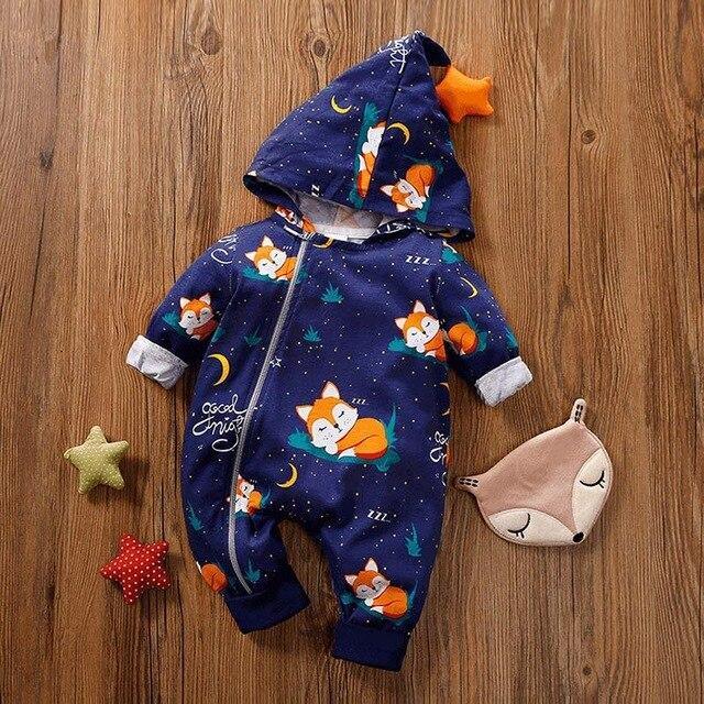 Romper de bebé de animal de dibujos animados cálido con cremallera y capucha