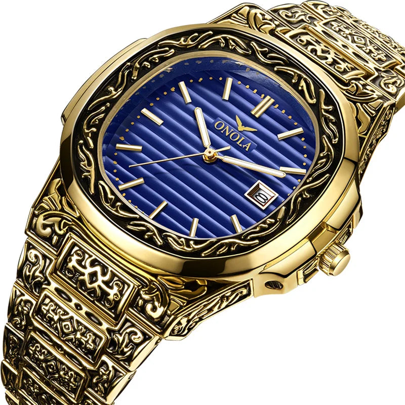 ONOLA Luxury Retro Golden Stainless Steel Watch for Men