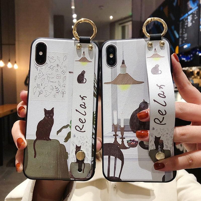 Cartoon Cat Wrist Strap Phone Case for iPhone