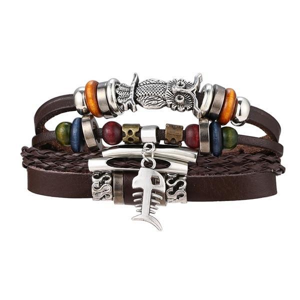 Vintage Black Bead Leather Bracelet for Men and Women