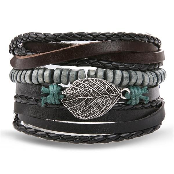 Vintage Black Bead Leather Bracelet for Men and Women