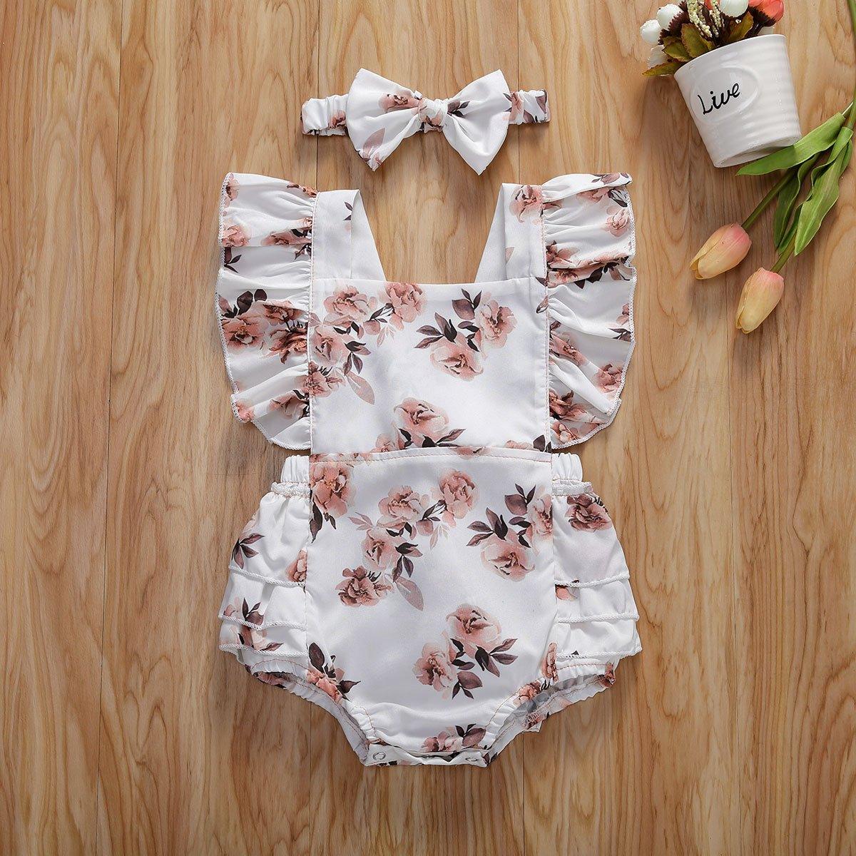 Combinaison à volants imprimée florale pour bébés filles avec bandeau