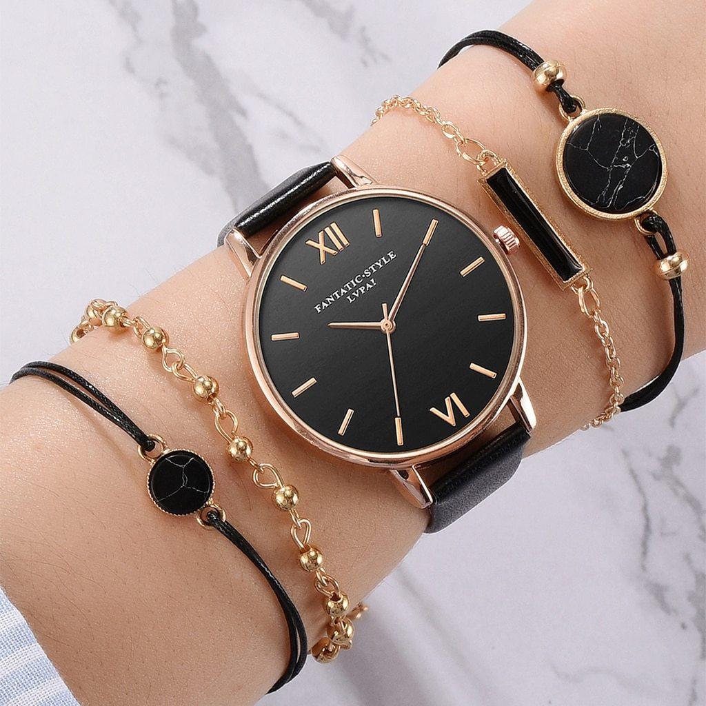 Montre analogique à quartz pour femmes avec bracelet en cuir de luxe