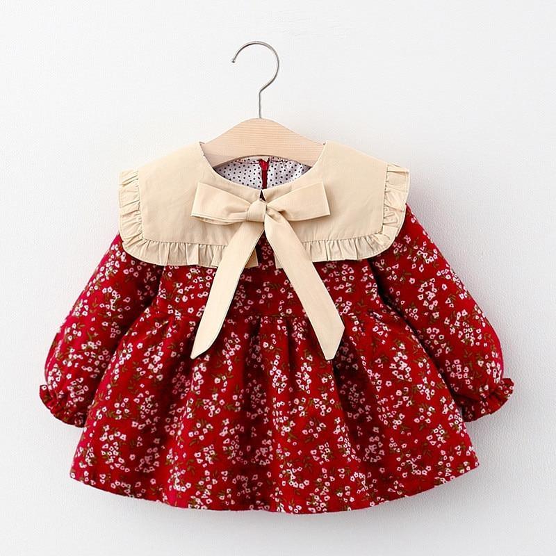 Vestido de Manga Larga con Cuello de Lazo para Niñas Pequeñas de Otoño