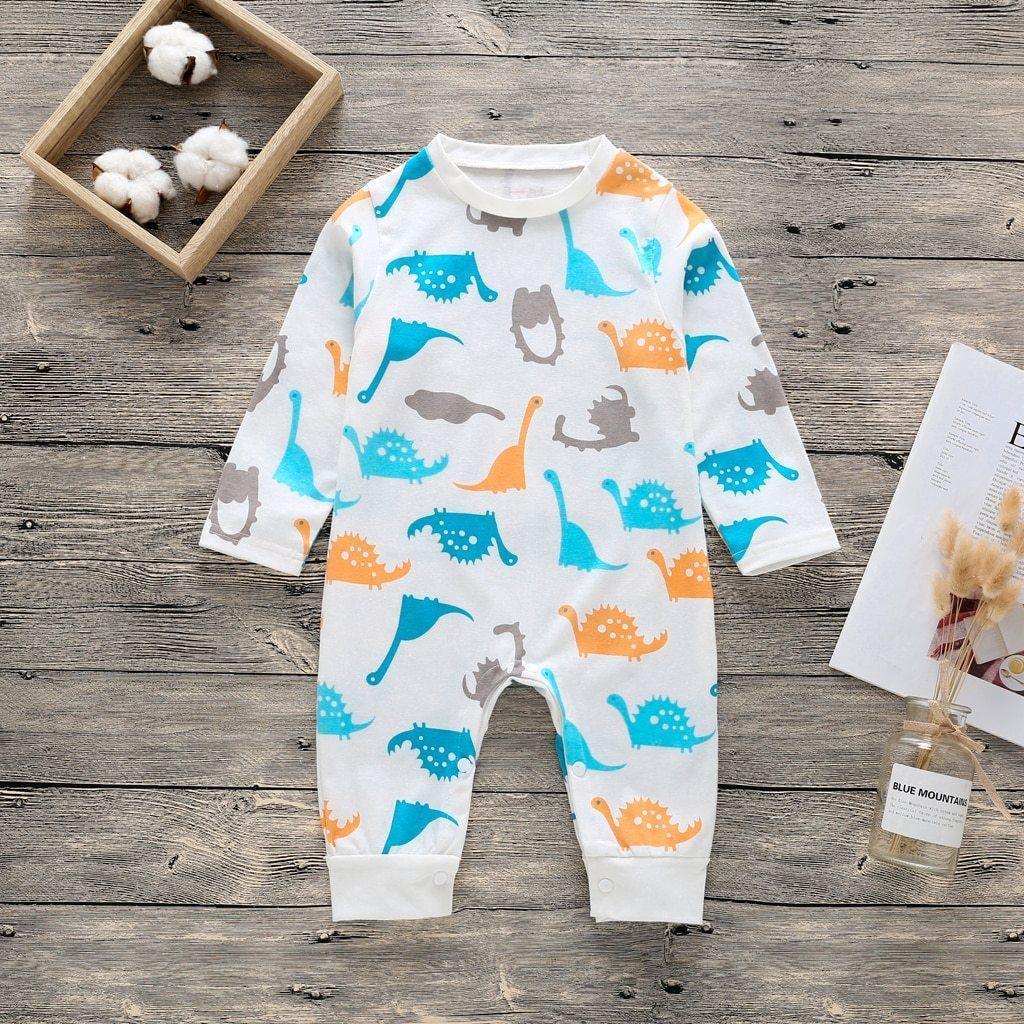 Floral Dinosaur Car Printed Baby Romper - Long Sleeve