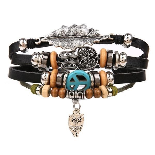 Vintage Black Bead Leather Bracelet for Men and Women