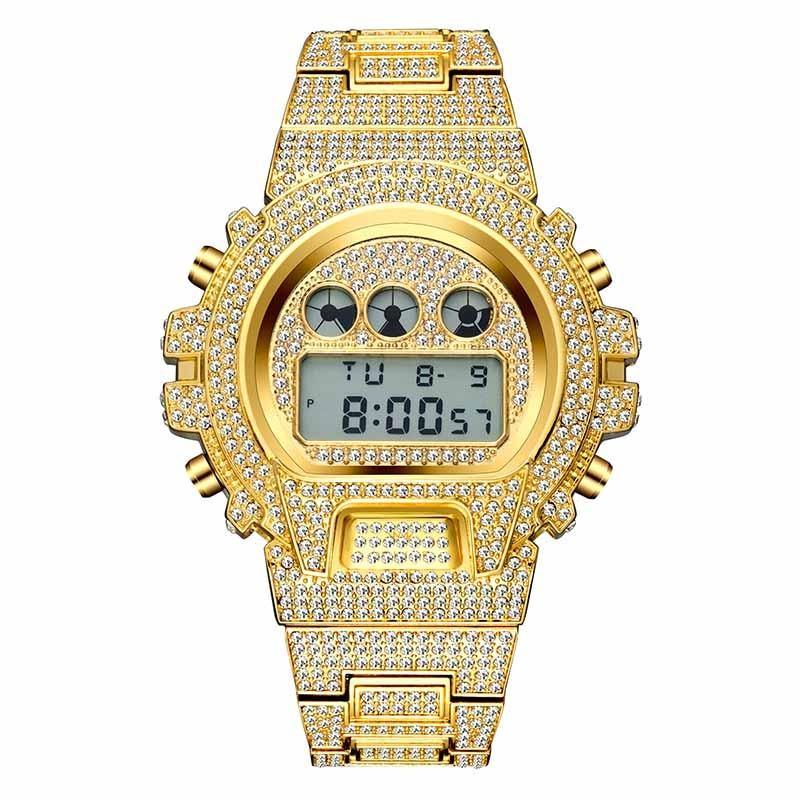 Montre numérique quartz LED dorée de luxe pour hommes
