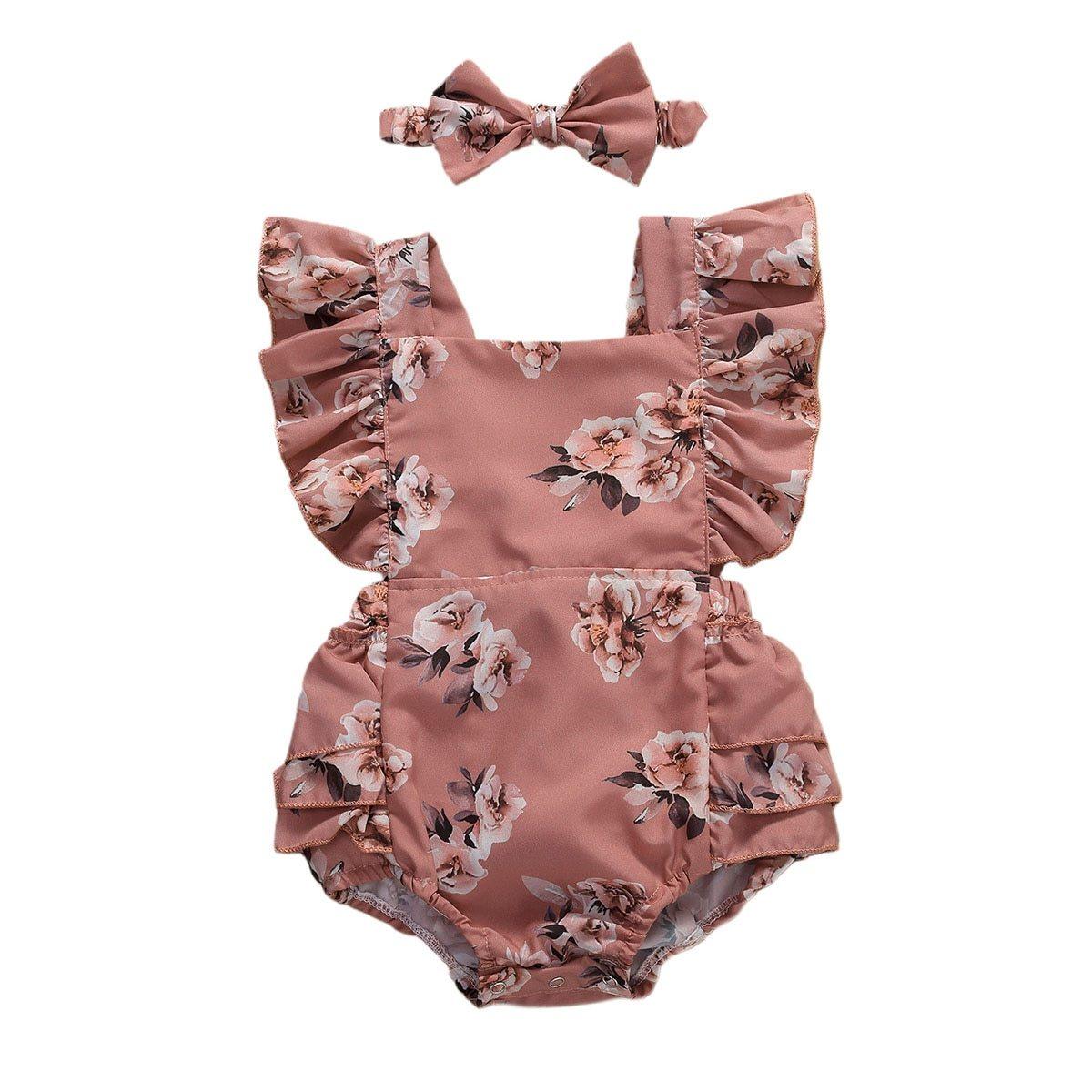 Combinaison à volants imprimée florale pour bébés filles avec bandeau
