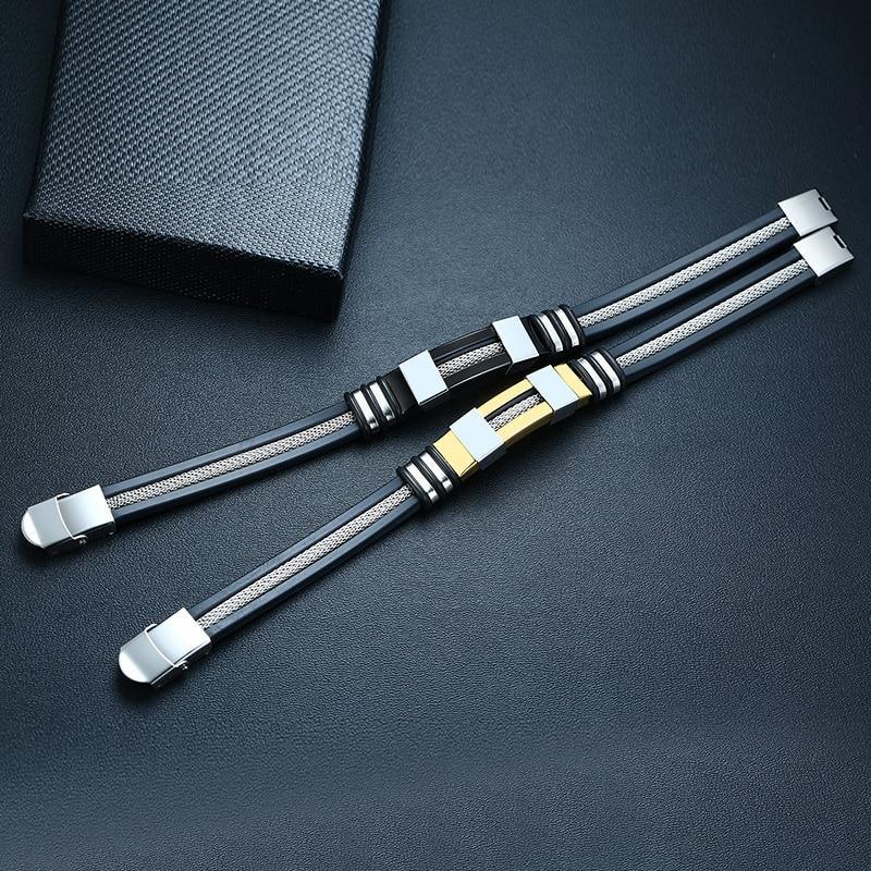 Pulsera de Acero Inoxidable para Hombre con Estrías Negras y Elegantes