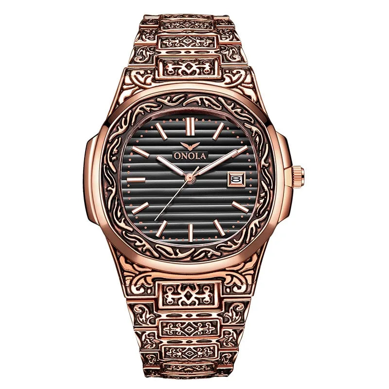 ONOLA Luxury Retro Golden Stainless Steel Watch for Men