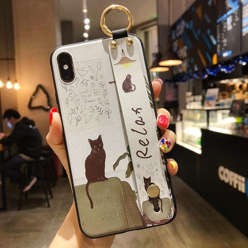 Cartoon Cat Wrist Strap Phone Case for iPhone
