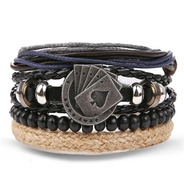 Vintage Black Bead Leather Bracelet for Men and Women
