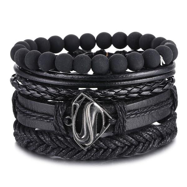 Vintage Black Bead Leather Bracelet for Men and Women