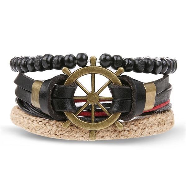Vintage Black Bead Leather Bracelet for Men and Women