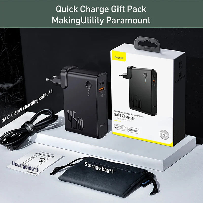 Baseus GaN Power Bank Charger 10000mAh 45W USB C PD Fast Charging 2 in 1 Charger & Battery as One ForiP 11 Pro Laptop ForXiaomi - Korvel