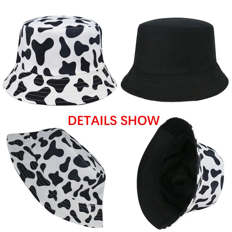 FOXMOTHER New Fashion Reversible Black White Cow Pattern Bucket Hats Fisherman Caps For Women Gorras Summer - Korvel