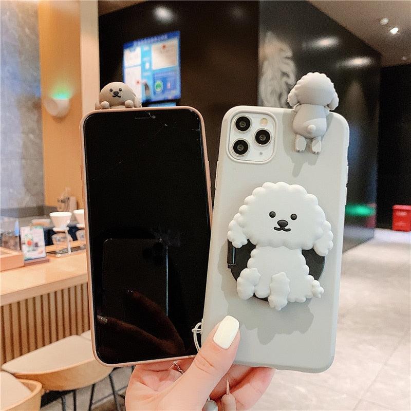 3D Cute Cartoon Dog Mirror Stand Phone Case for iPhone
