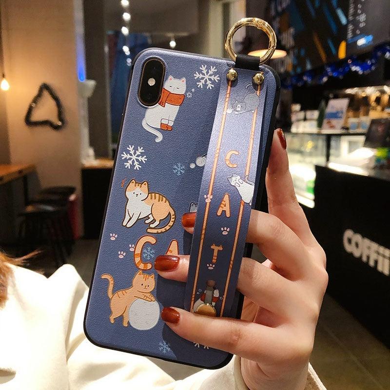 Cartoon Cat Wrist Strap Phone Case for iPhone