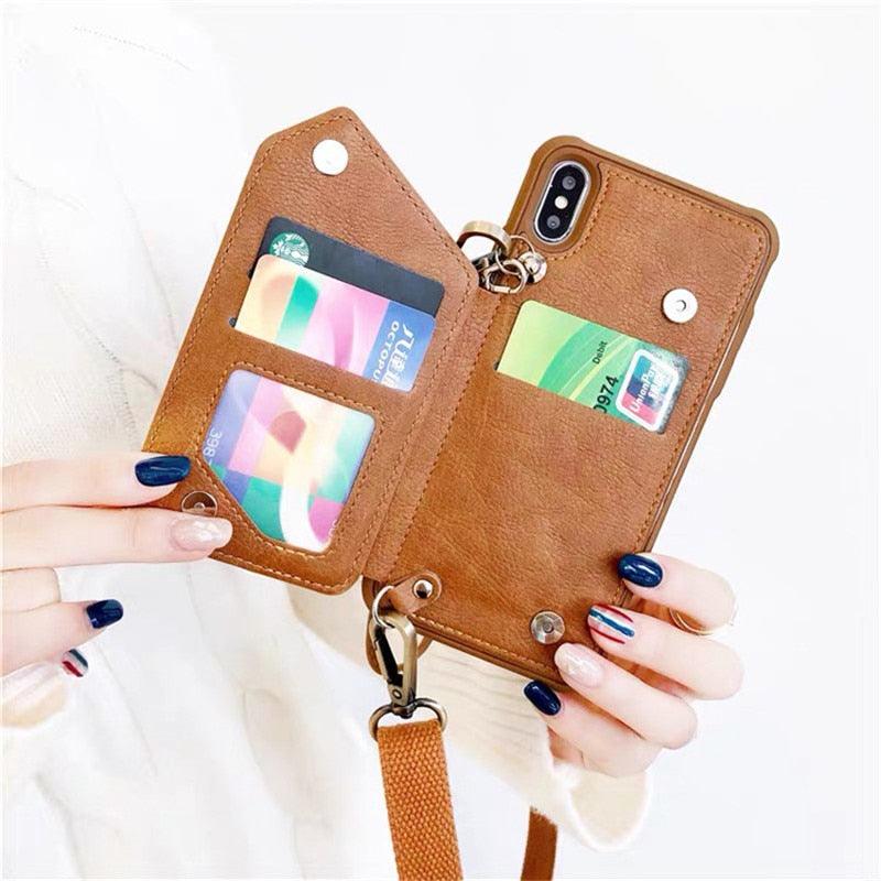 Funda cruzada de cuero de lujo con correa para billetera para iPhone