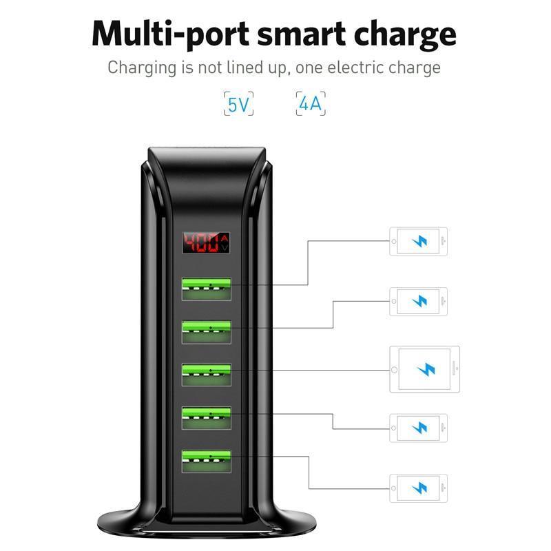 Cargador USB de Ahorro de Energía de 5 Puertos con Pantalla LED