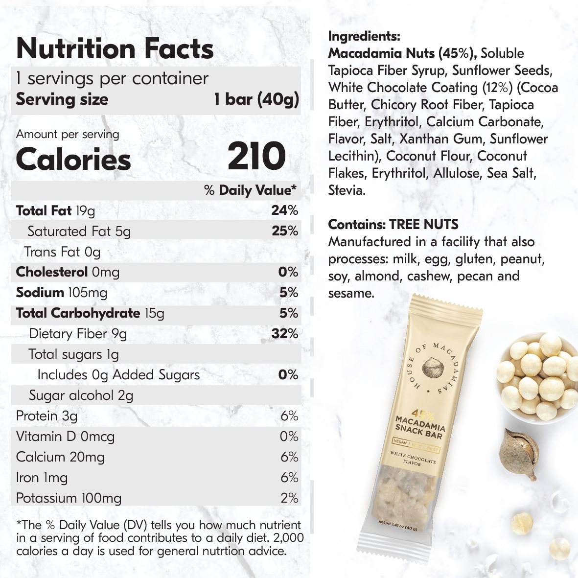 White Chocolate Macadamia Nut Snack Bar (12 Bars) - Korvel