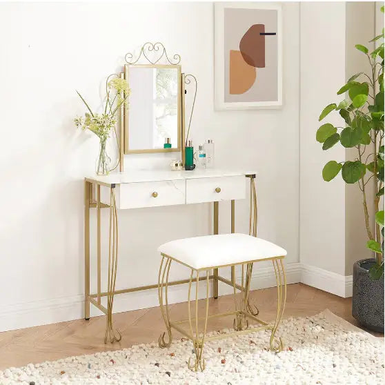 Ensemble de coiffeuse blanche élégante avec miroir et tabouret