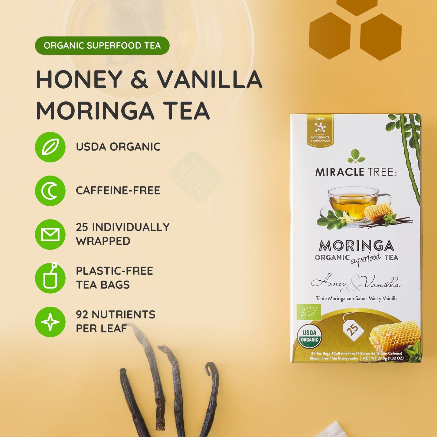 Té Orgánico de Moringa con Miel y Vainilla