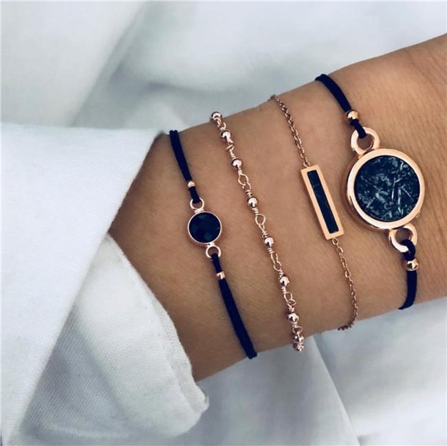 Elegant Bohemian Black Beaded Bracelets Set for Women - Heart & Compass Design in Gold - Korvel